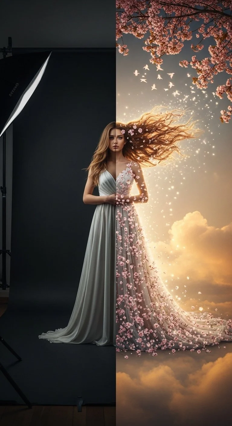 High-end photo retouching example, before and after editing