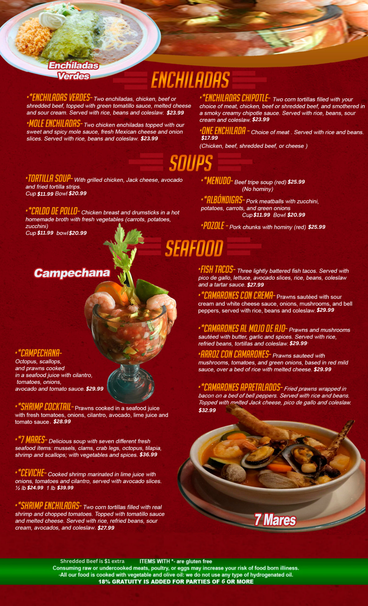 Enchiladas, soups and seafood