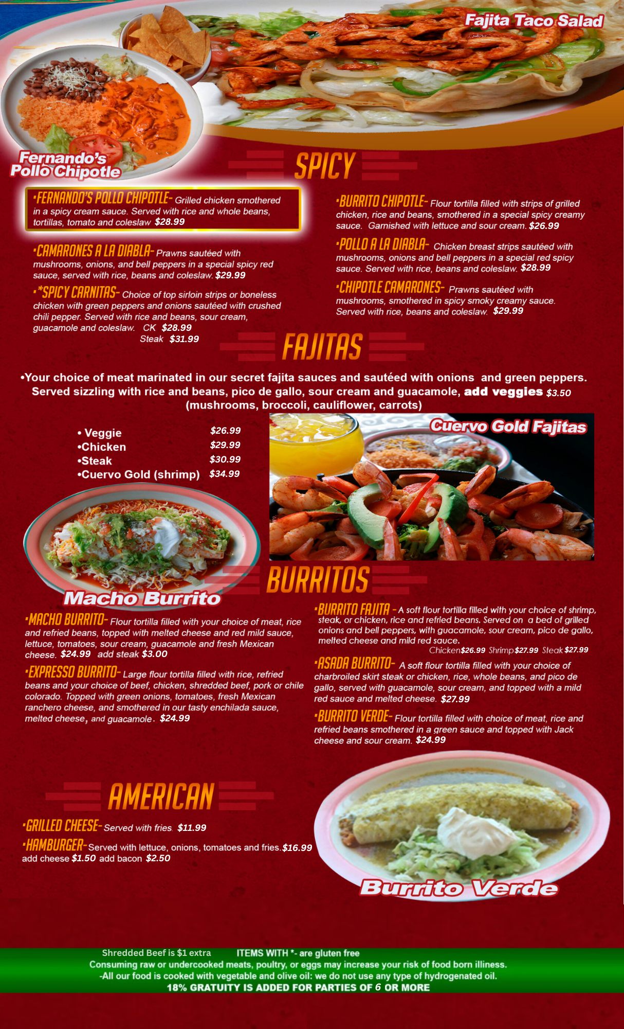Spicy dishes, fajitas and burritos