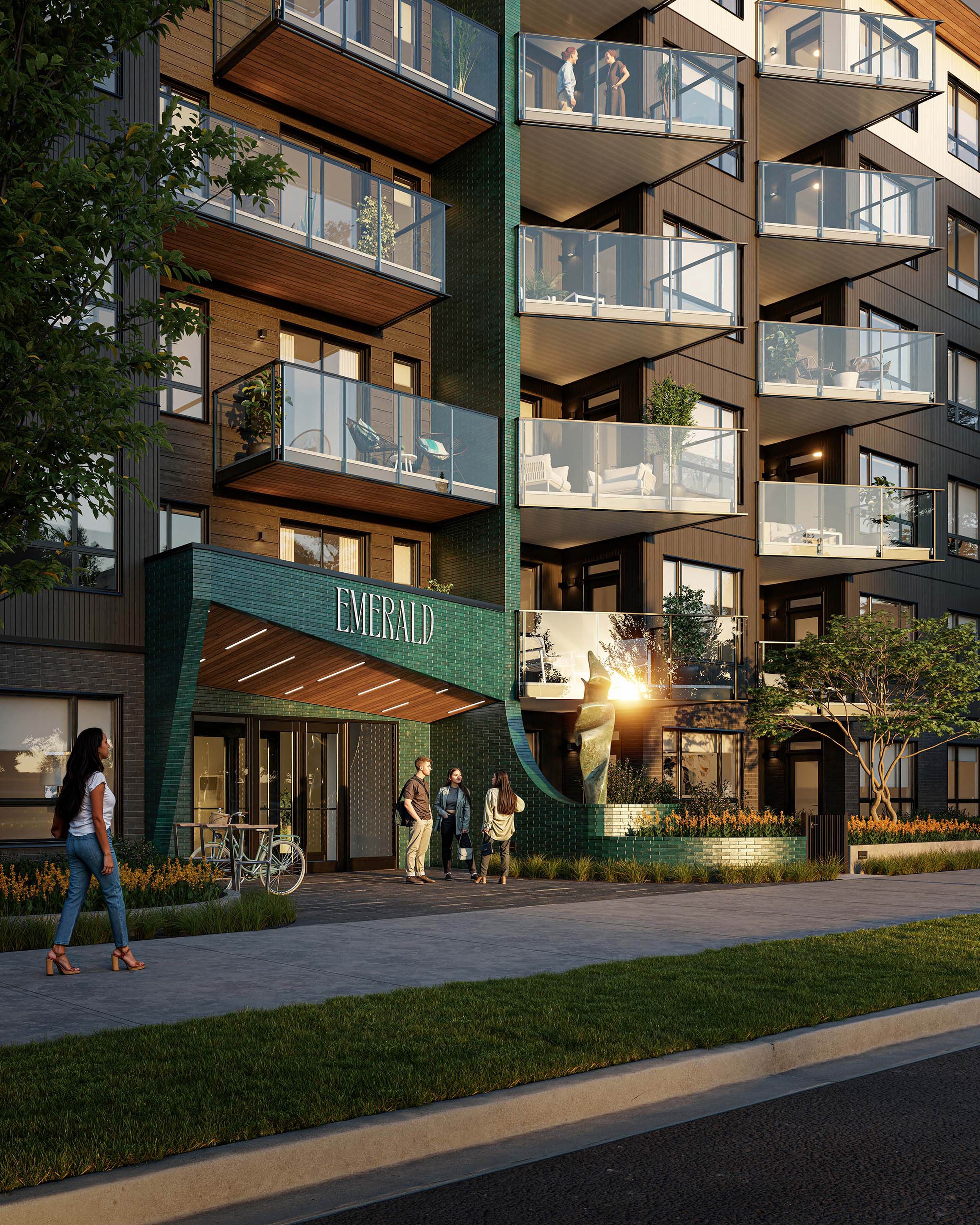 Emerald, condominium entrance exterior rendering, Coquitlam BC