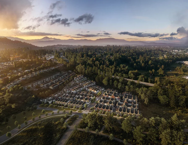 Aerial view of a townhome masterplan in a forested valley at sunset