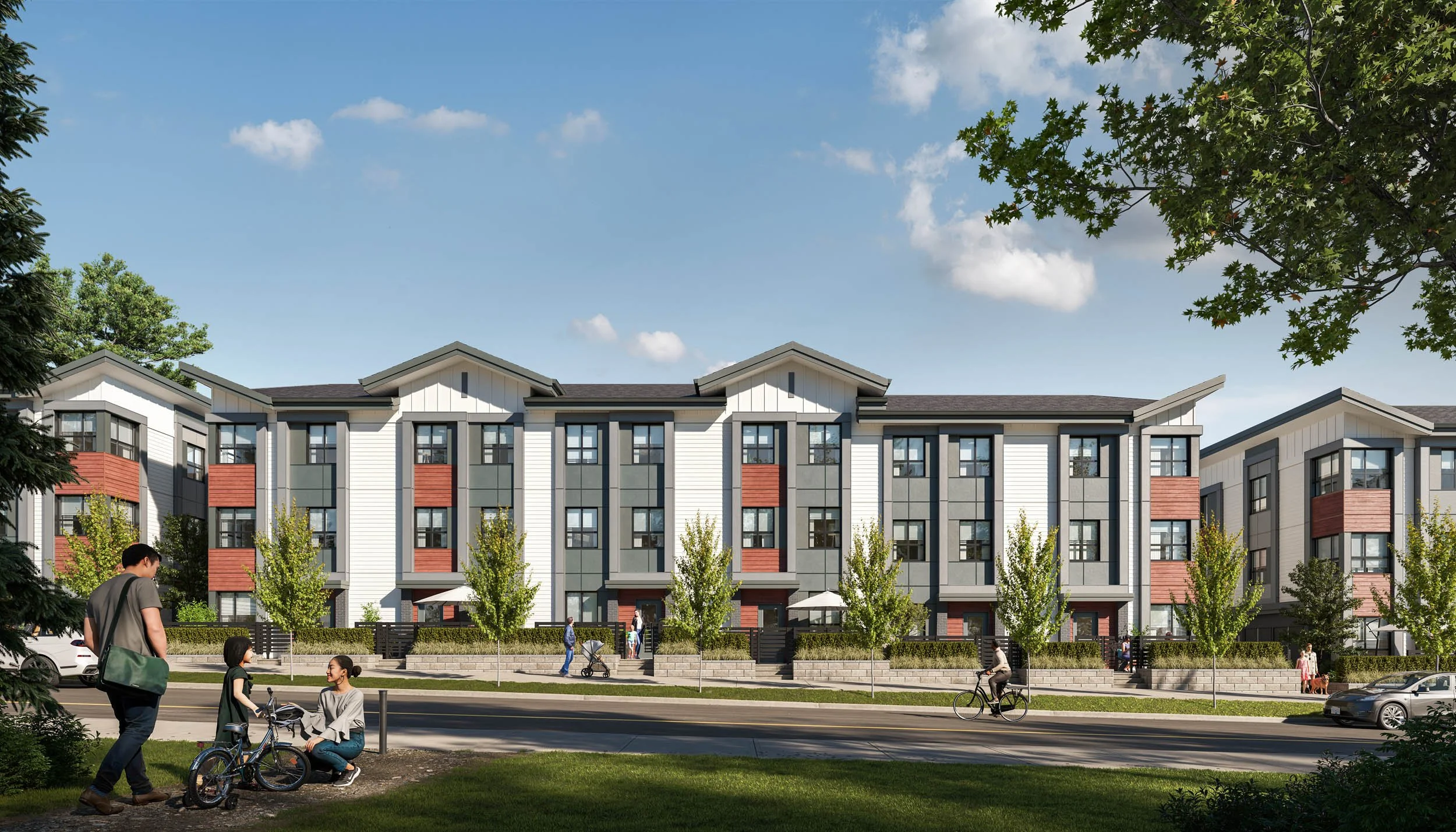 Marilyn on the Park, townhome building exterior rendering, Langley BC