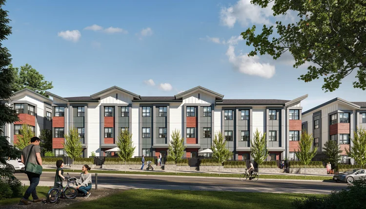 Townhome buildings along a park edge