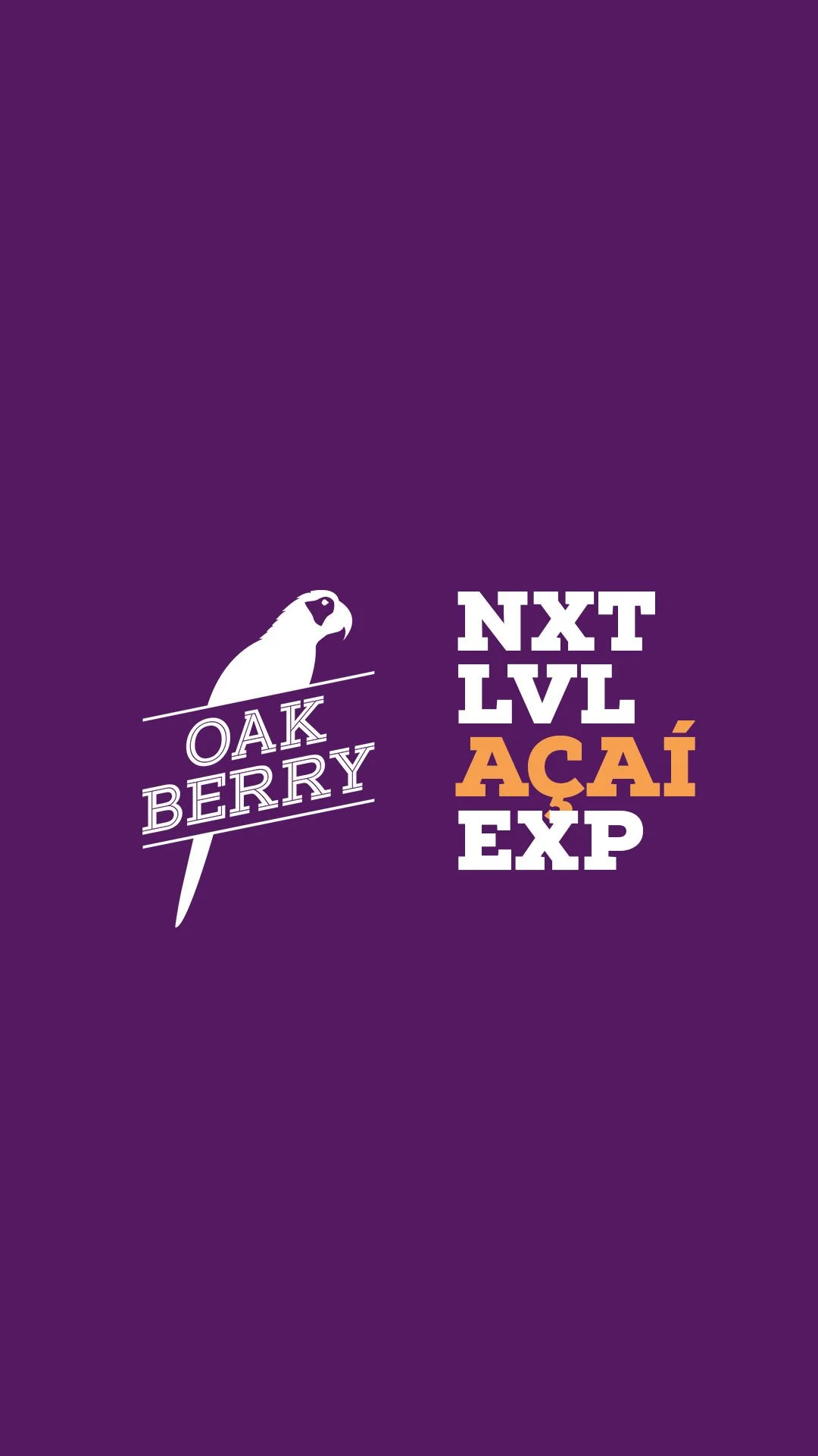 OAKBERRY logo and NXT LVL AÇAÍ EXP campaign signature in white and gold on purple.