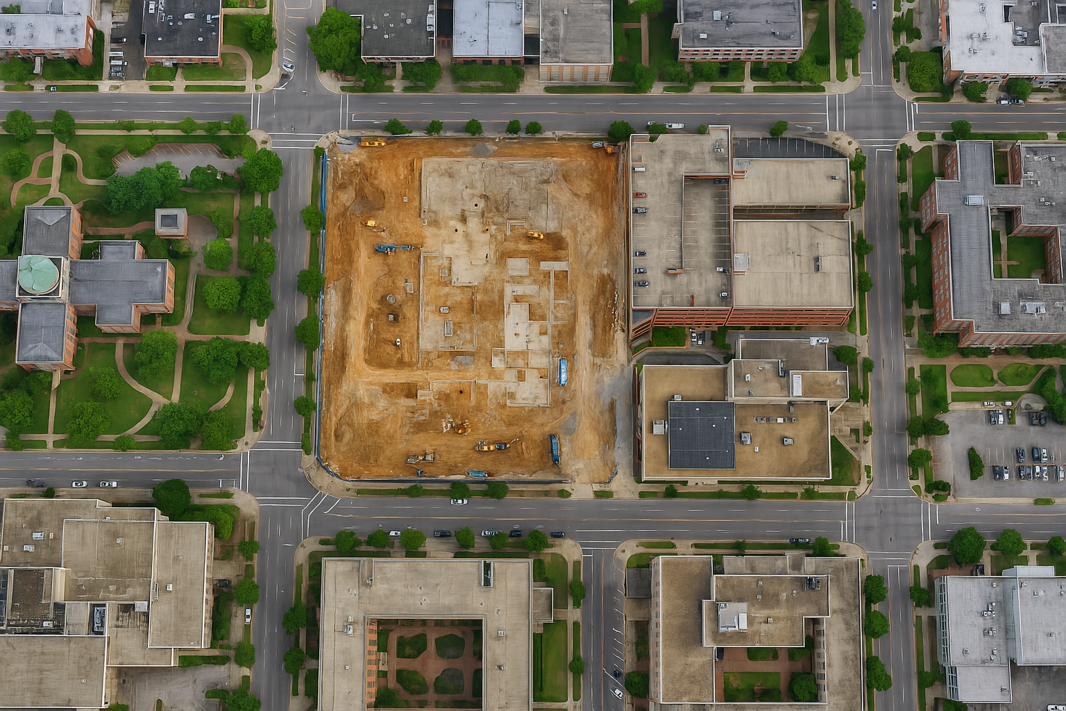 Dated overhead orthomosaic of an active construction site