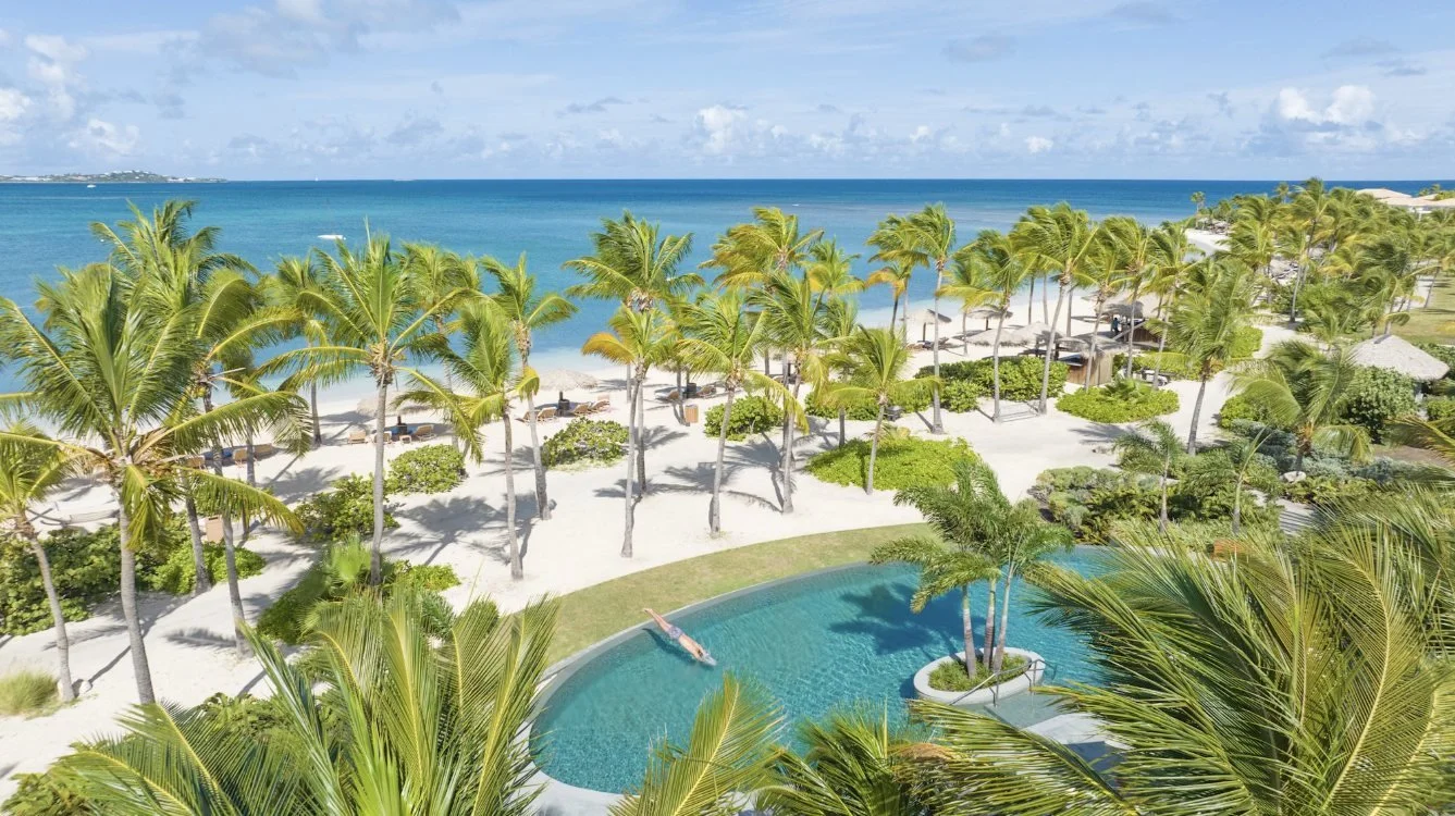 The infinity pool and palm-lined beach at Jumby Bay Island