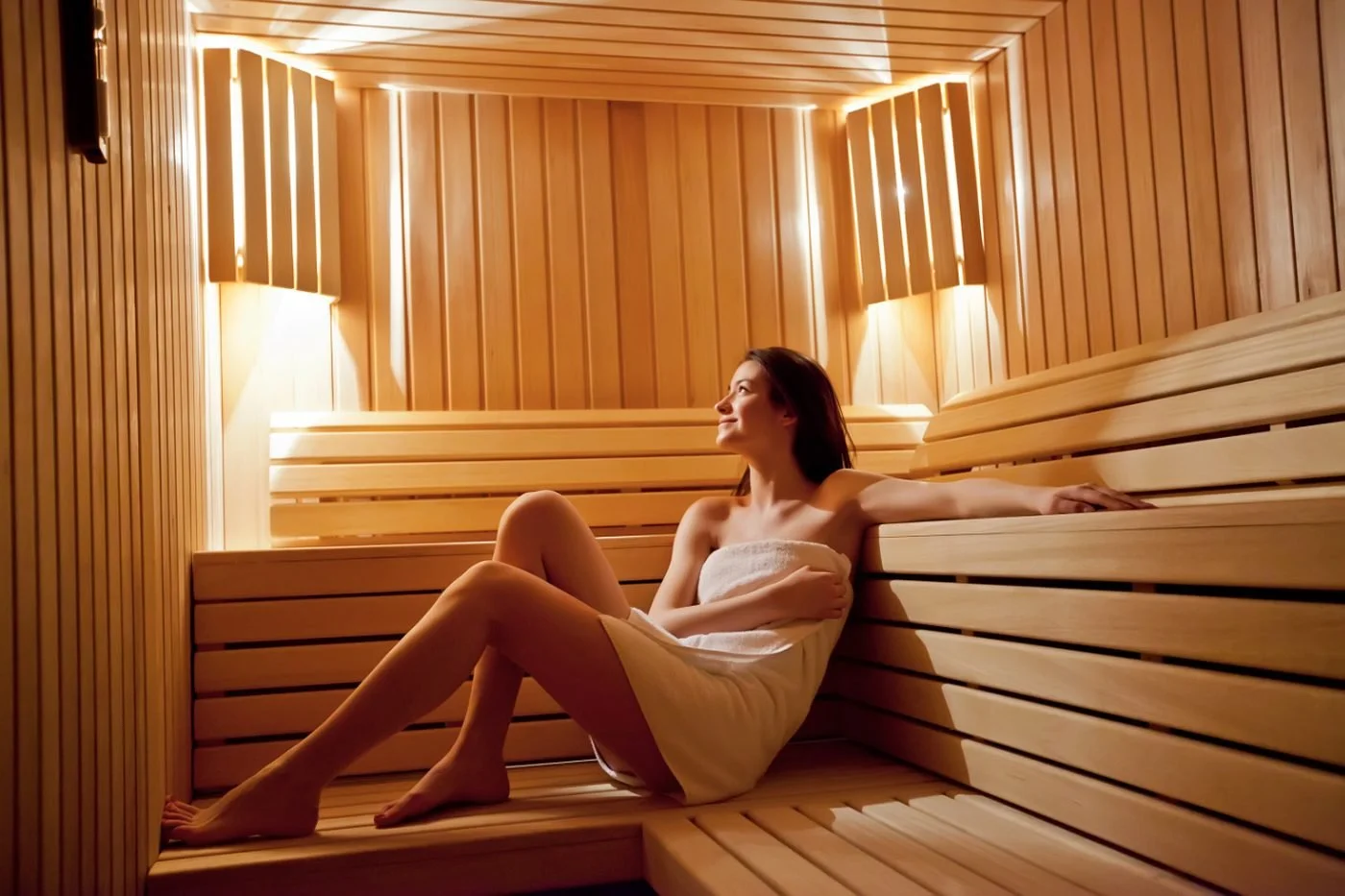 A woman relaxing in a warm, wood-panelled sauna