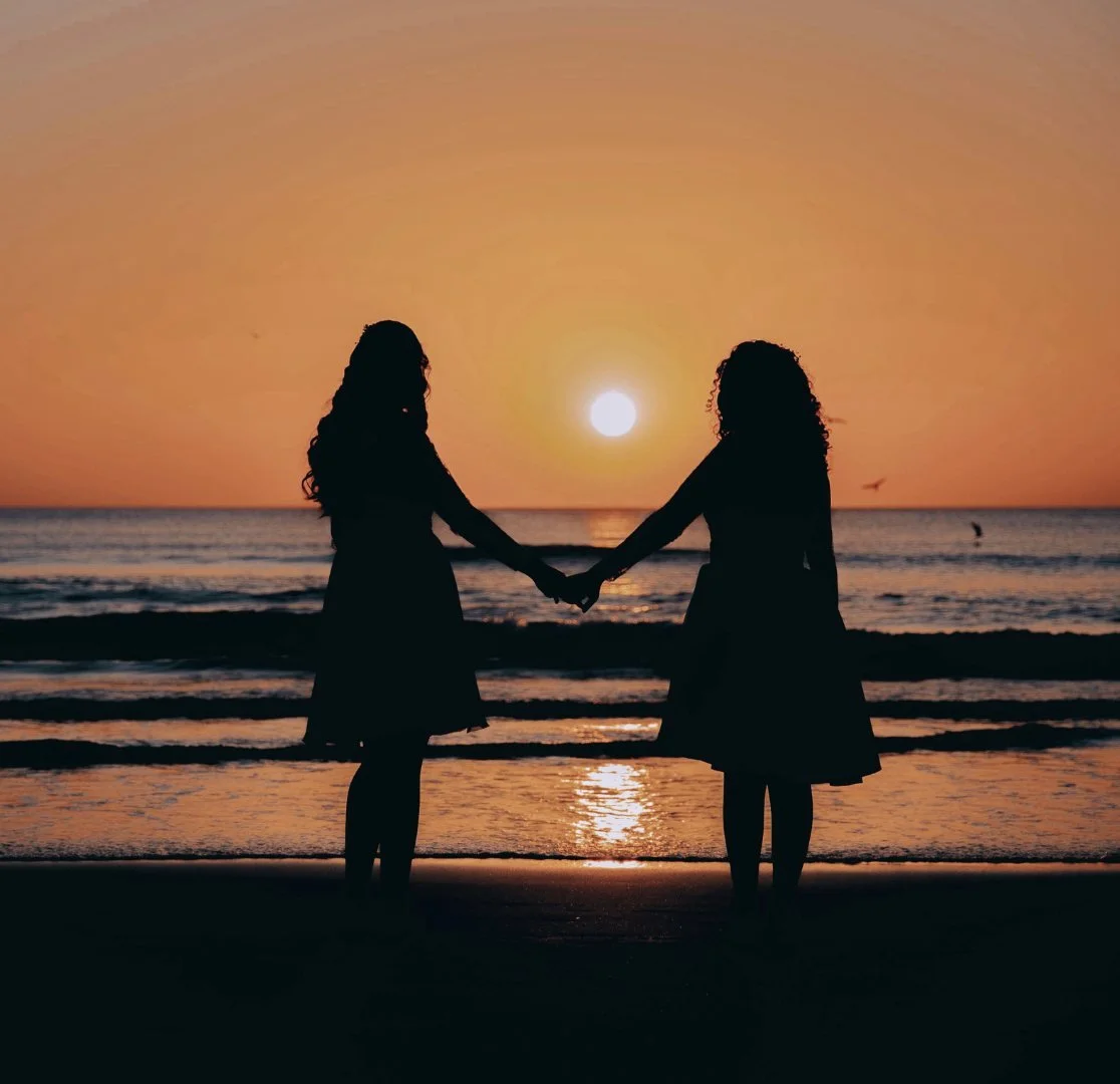 Two women holding hands, silhouetted against a sunset over the sea