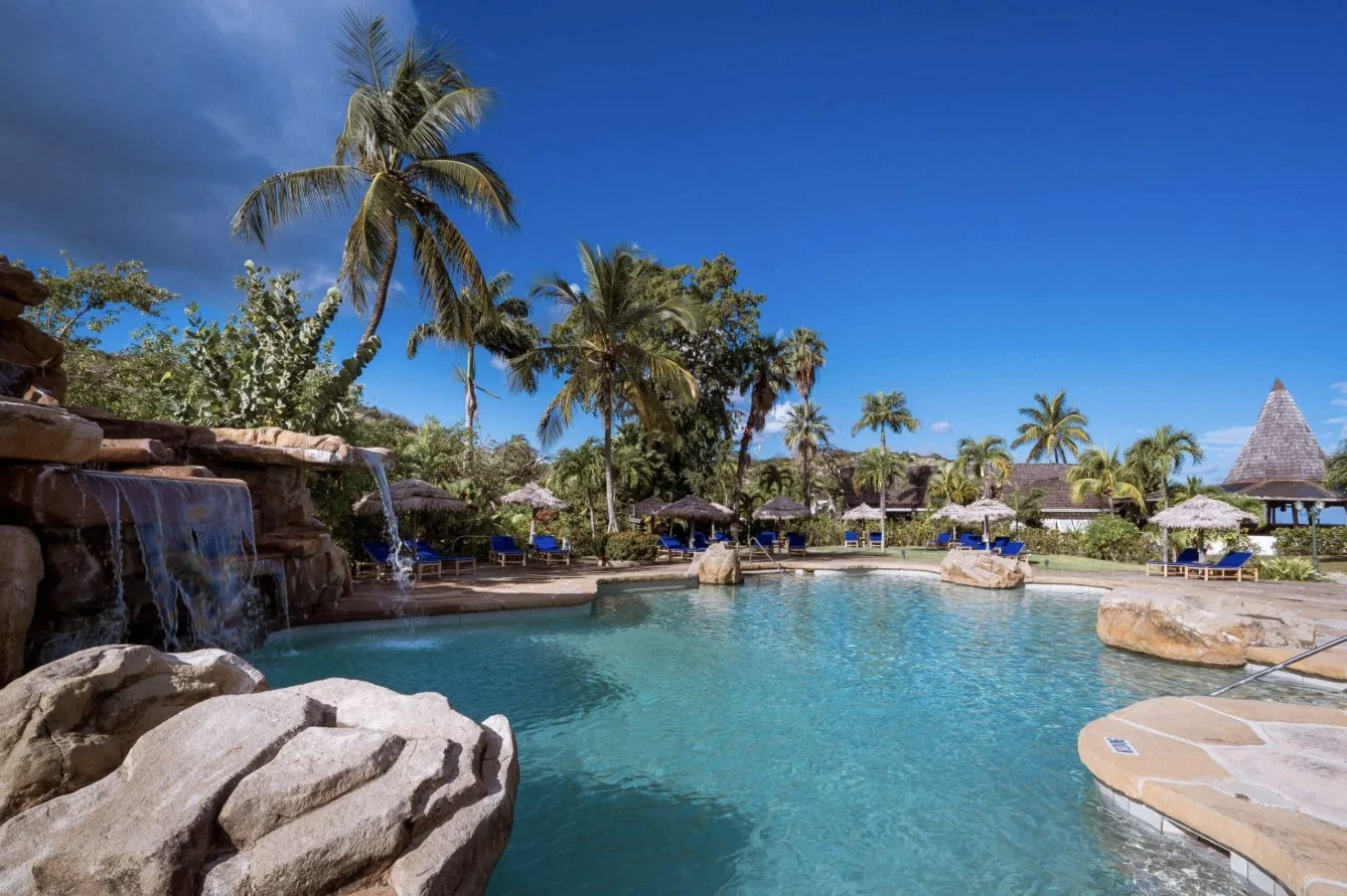 The lagoon-style pool with waterfall and palms