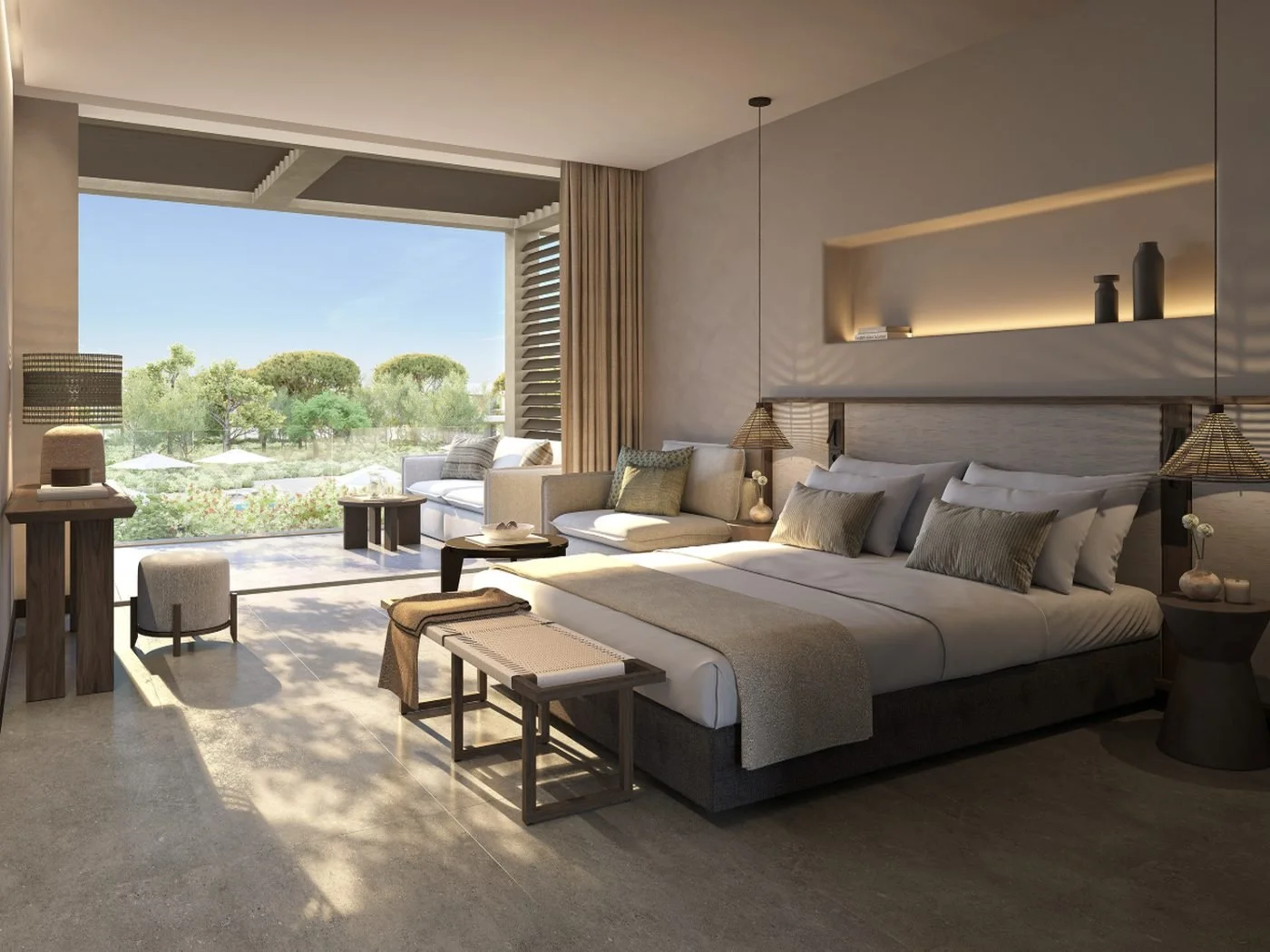 Artist's impression of a Superior Double Room opening onto a furnished balcony and gardens
