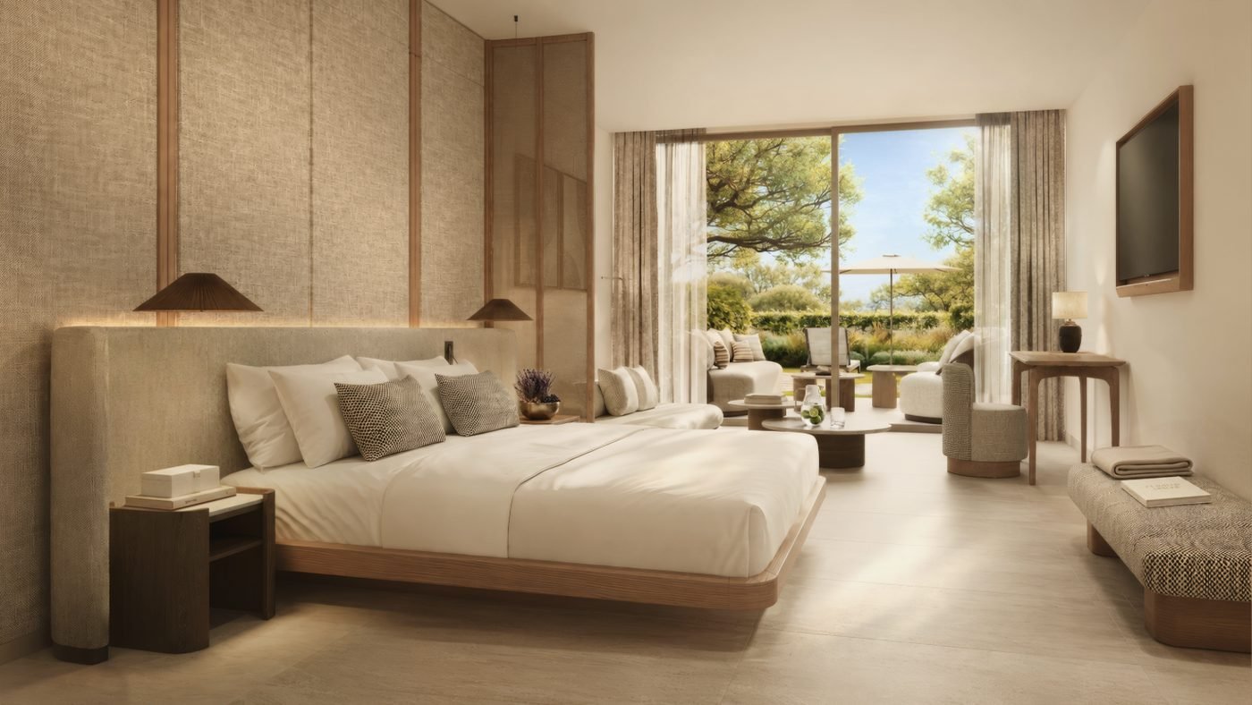 Artist's impression of a new Junior Suite Private Garden, with the bed facing open doors to a garden terrace