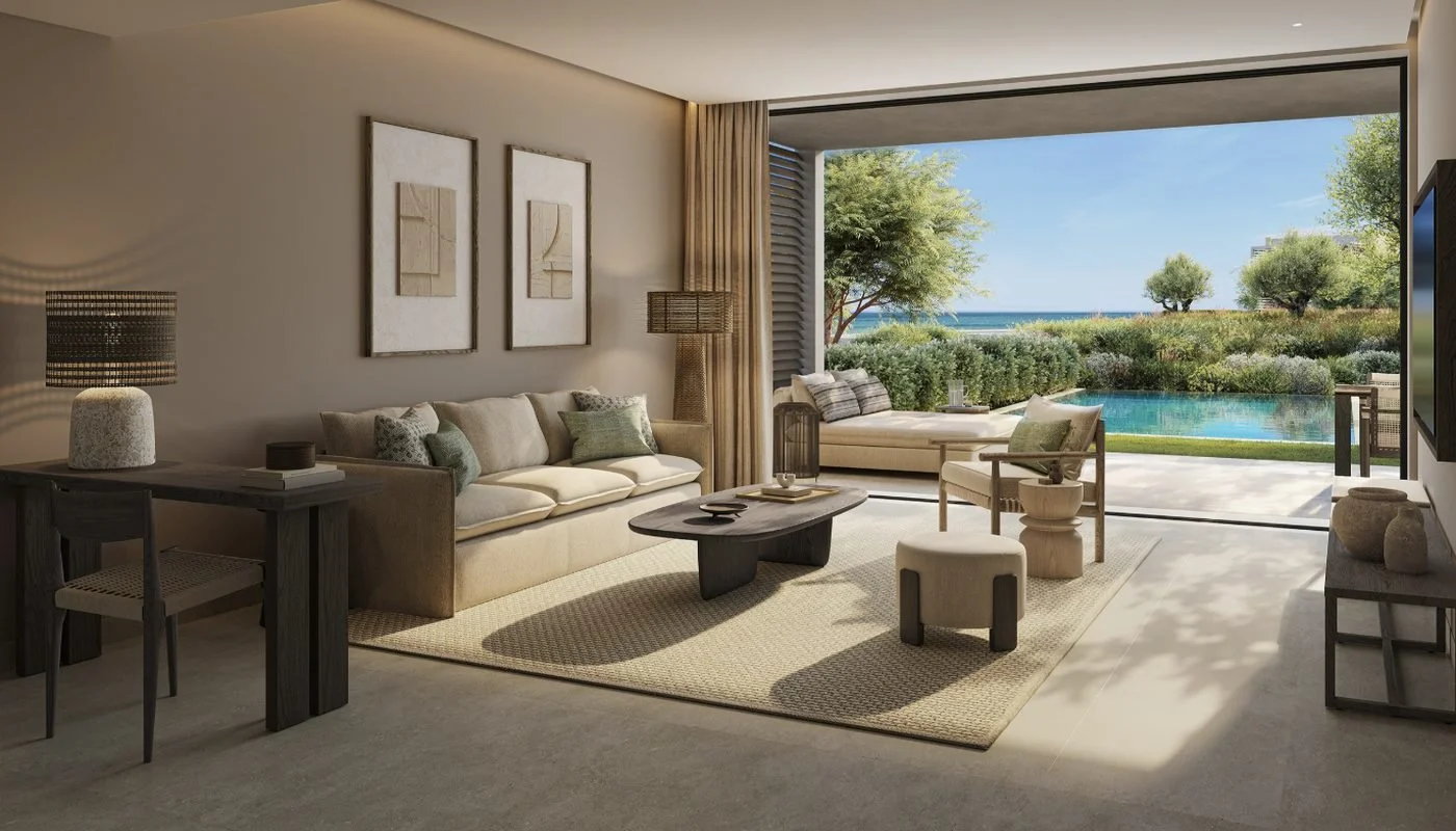Artist's impression of a Deluxe One Bedroom Suite lounge opening onto its private pool