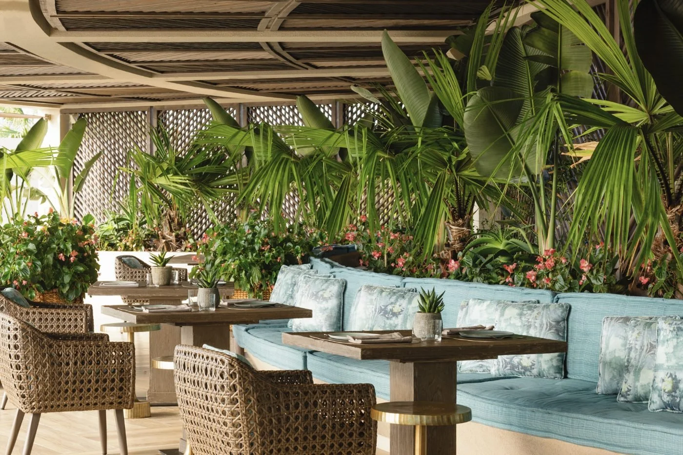 Tables and a long pale blue banquette beneath tropical plants at El Puerto