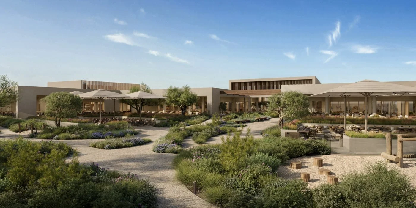 Artist's impression of the main building at Ikos Kissamos behind gardens of lavender, olive trees and gravel paths
