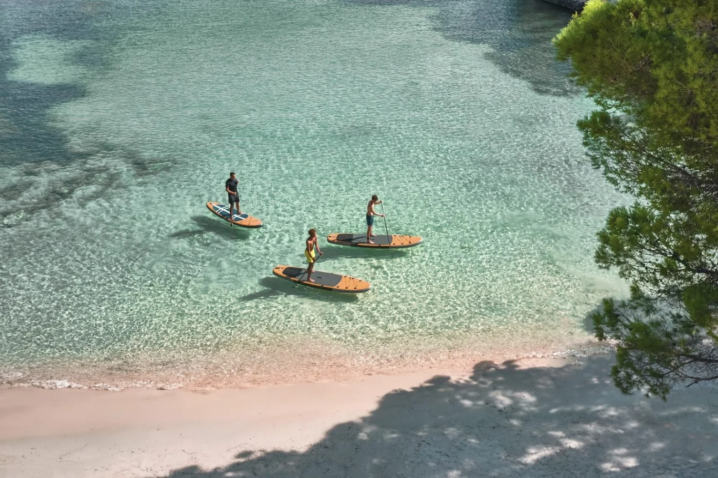 Three paddleboarders gliding over clear turquoise water just off a sandy beach