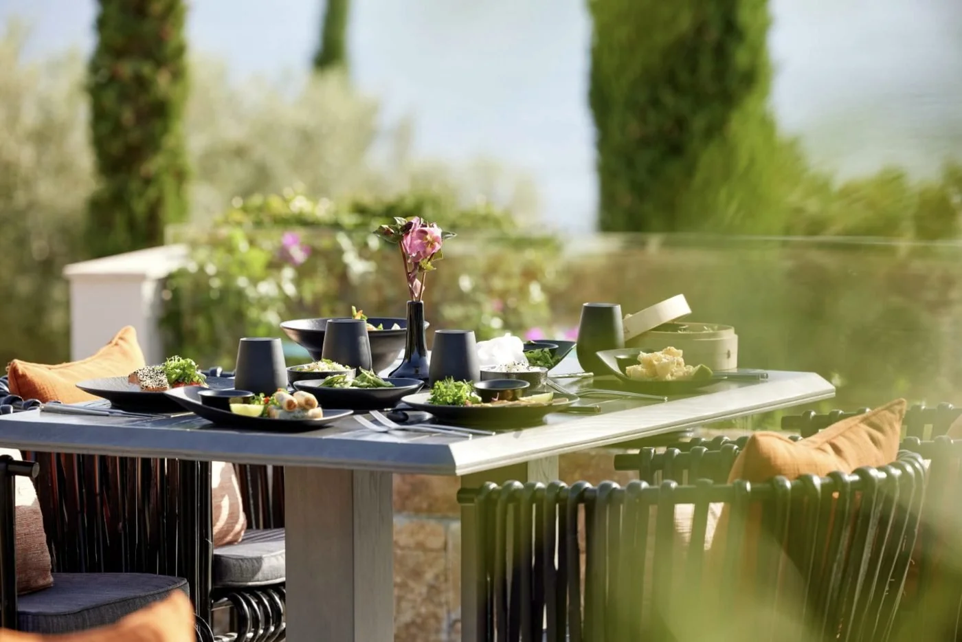 A table laid with small plates on a sunlit terrace among olive trees and greenery