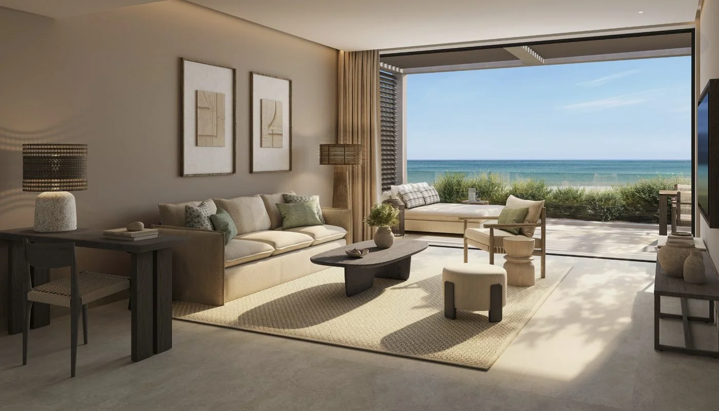 Artist's impression of a Deluxe One Bedroom Suite lounge with wide windows to the sea