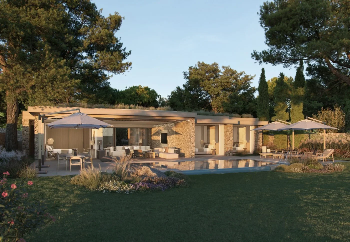 Artist's impression of a single-storey Deluxe Four Bedroom Villa with a pool, parasols and a lawn among pines