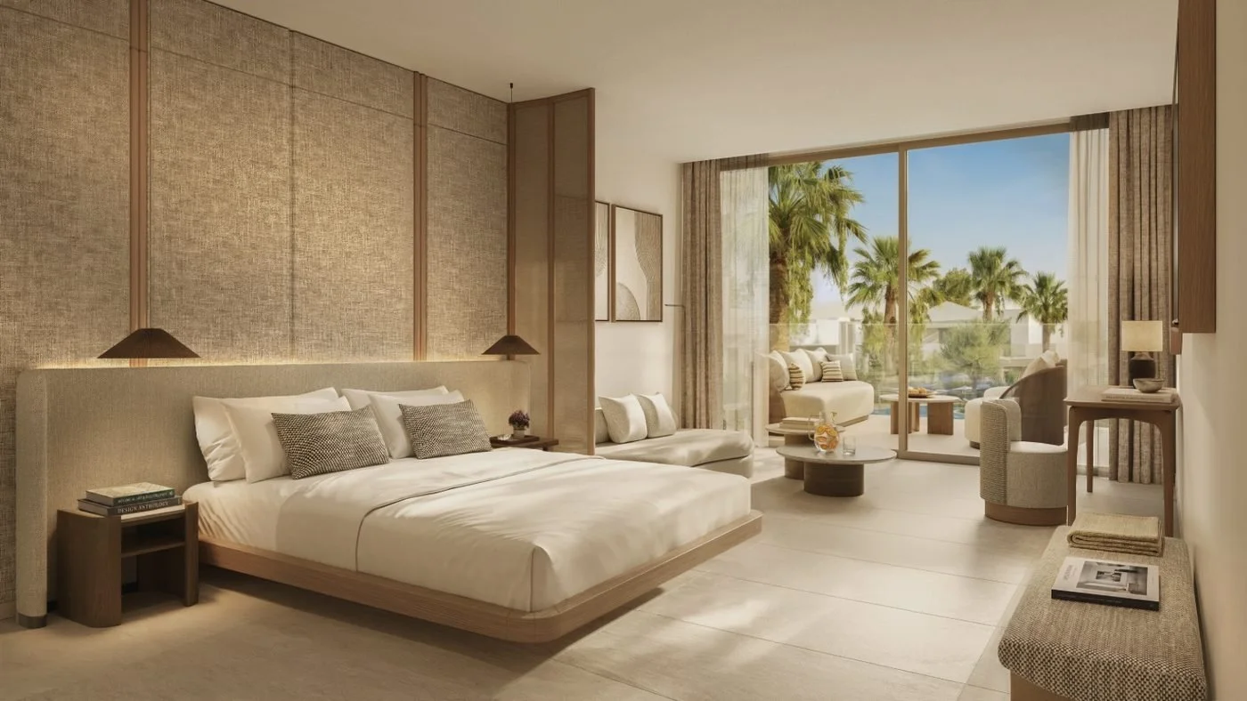 Artist's impression of a new Junior Suite Grand Balcony, looking past the bed to a balcony and palm trees around the pool