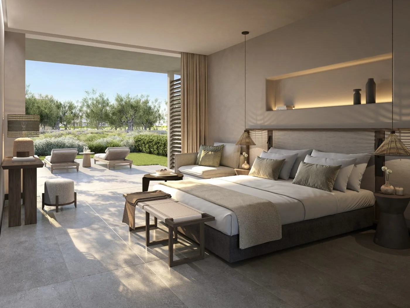 Artist's impression of a Superior Double Room Private Garden, its bed facing open doors to a garden