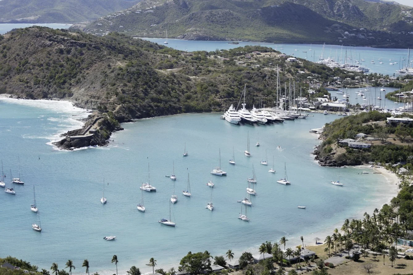 Yachts at anchor in English Harbour, seen from the hills above