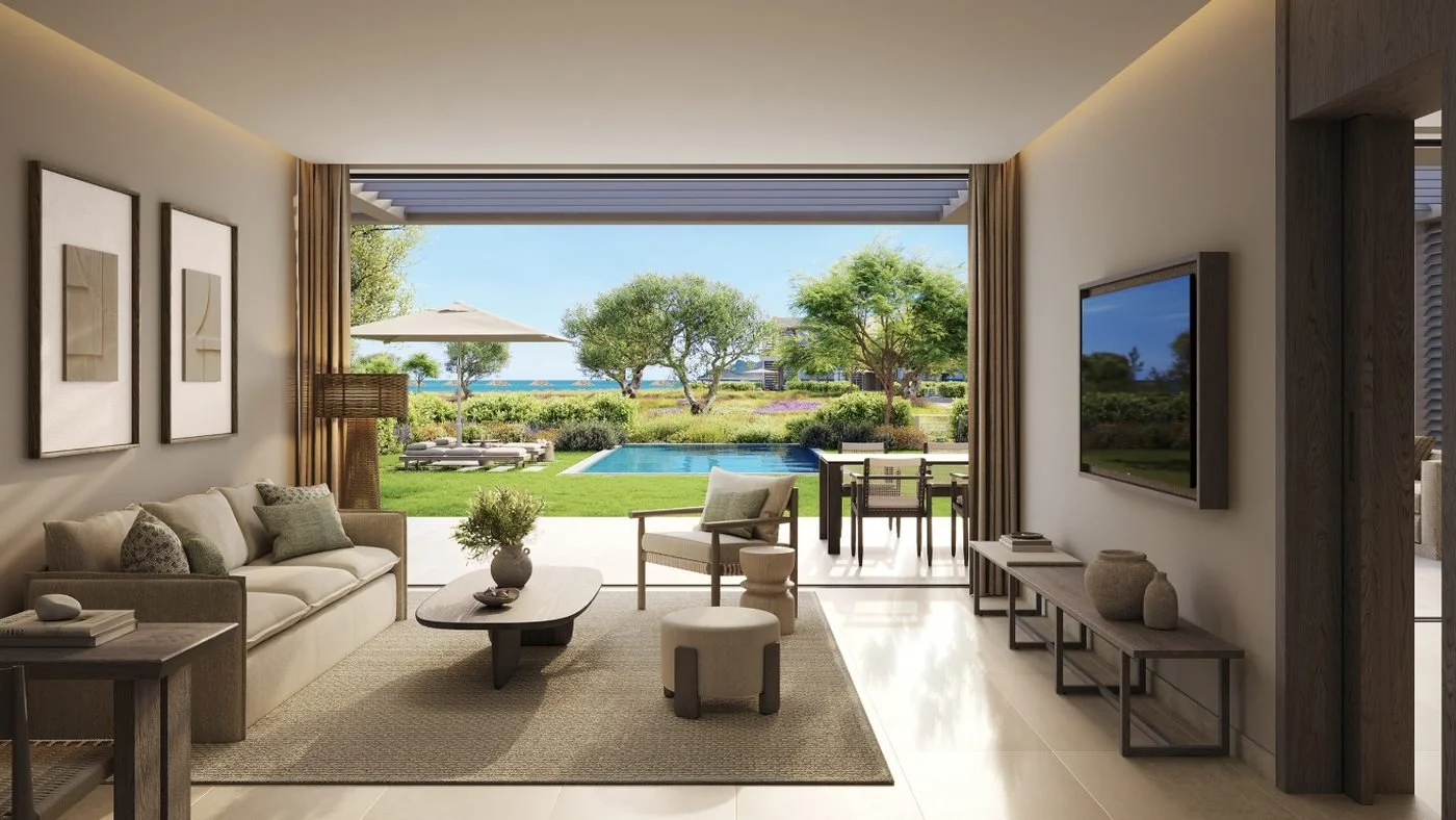 Artist's impression of a Deluxe Two Bedroom Suite at Ikos Kissamos, its lounge opening onto a private pool and garden
