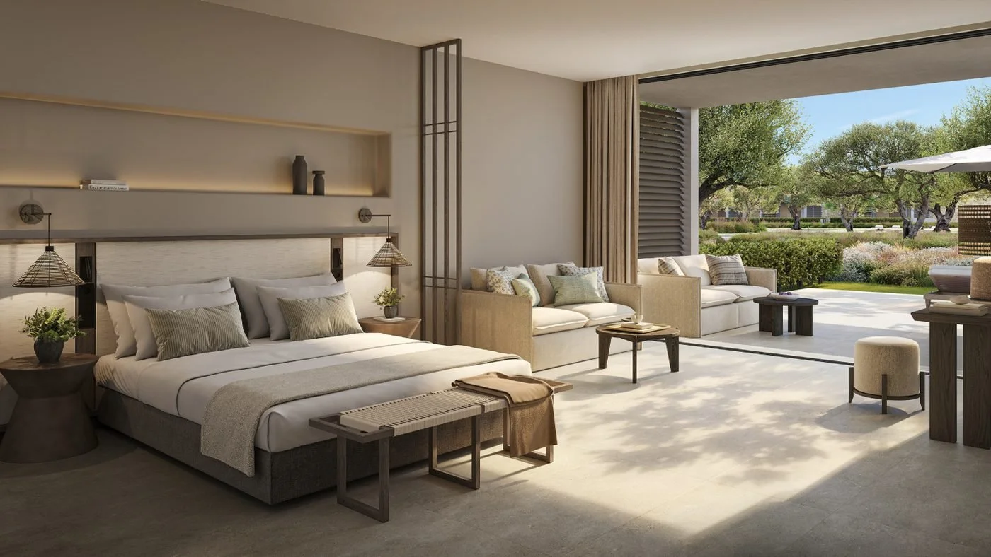 Artist's impression of a Deluxe Junior Suite Private Garden opening onto a shaded garden terrace