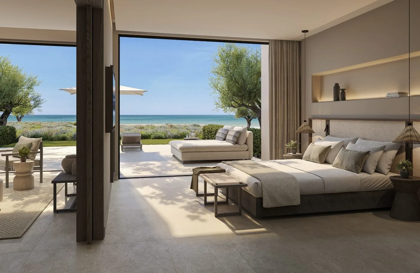 Artist's impression of a One Bedroom Suite lounge opening onto a private garden with the sea beyond
