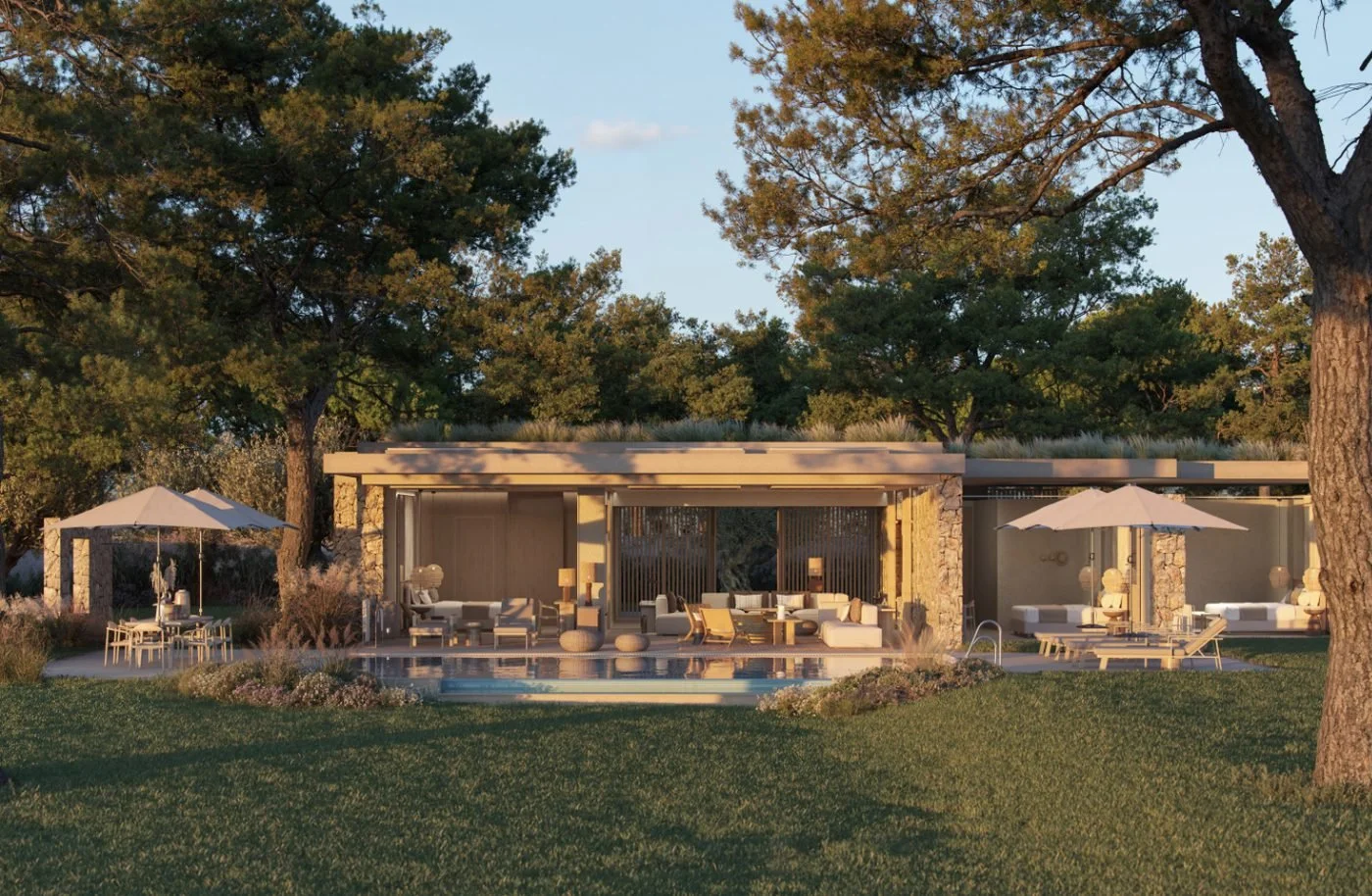 Artist's impression of a Deluxe Three Bedroom Villa with a private pool and lawn beneath tall pines