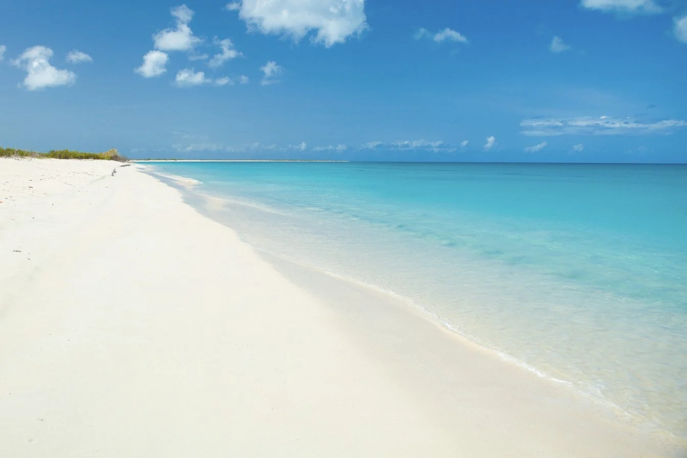 An empty white and pink sand beach on Barbuda with clear turquoise water