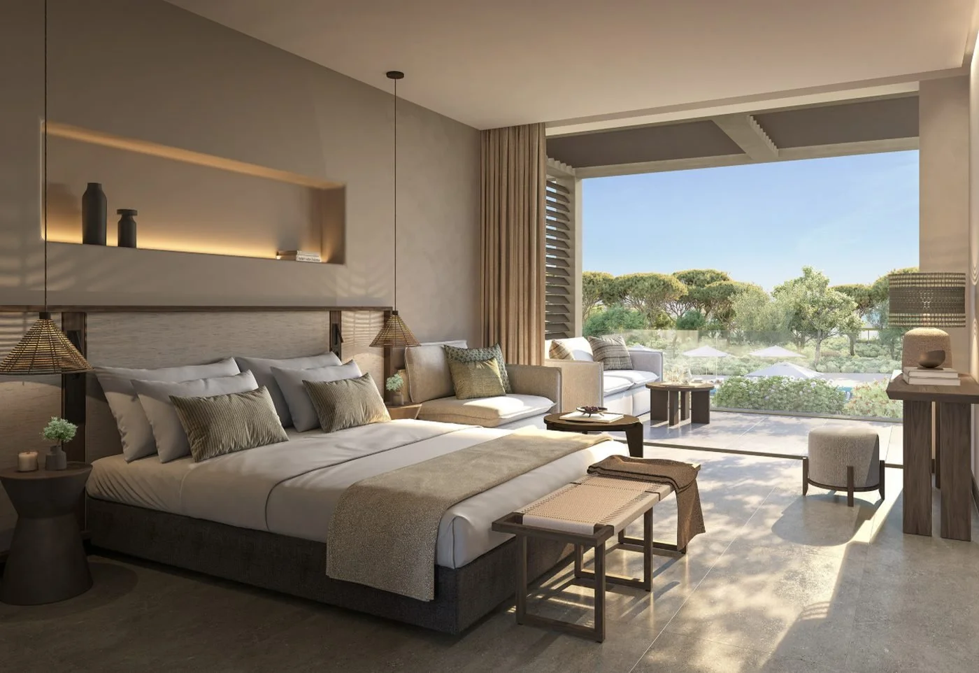 Artist's impression of a Family Room bedroom with a balcony looking over the resort