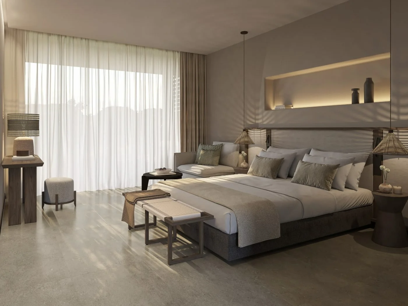Artist's impression of a Double Room at Ikos Kissamos, with a large bed and sheer curtains drawn back to the terrace