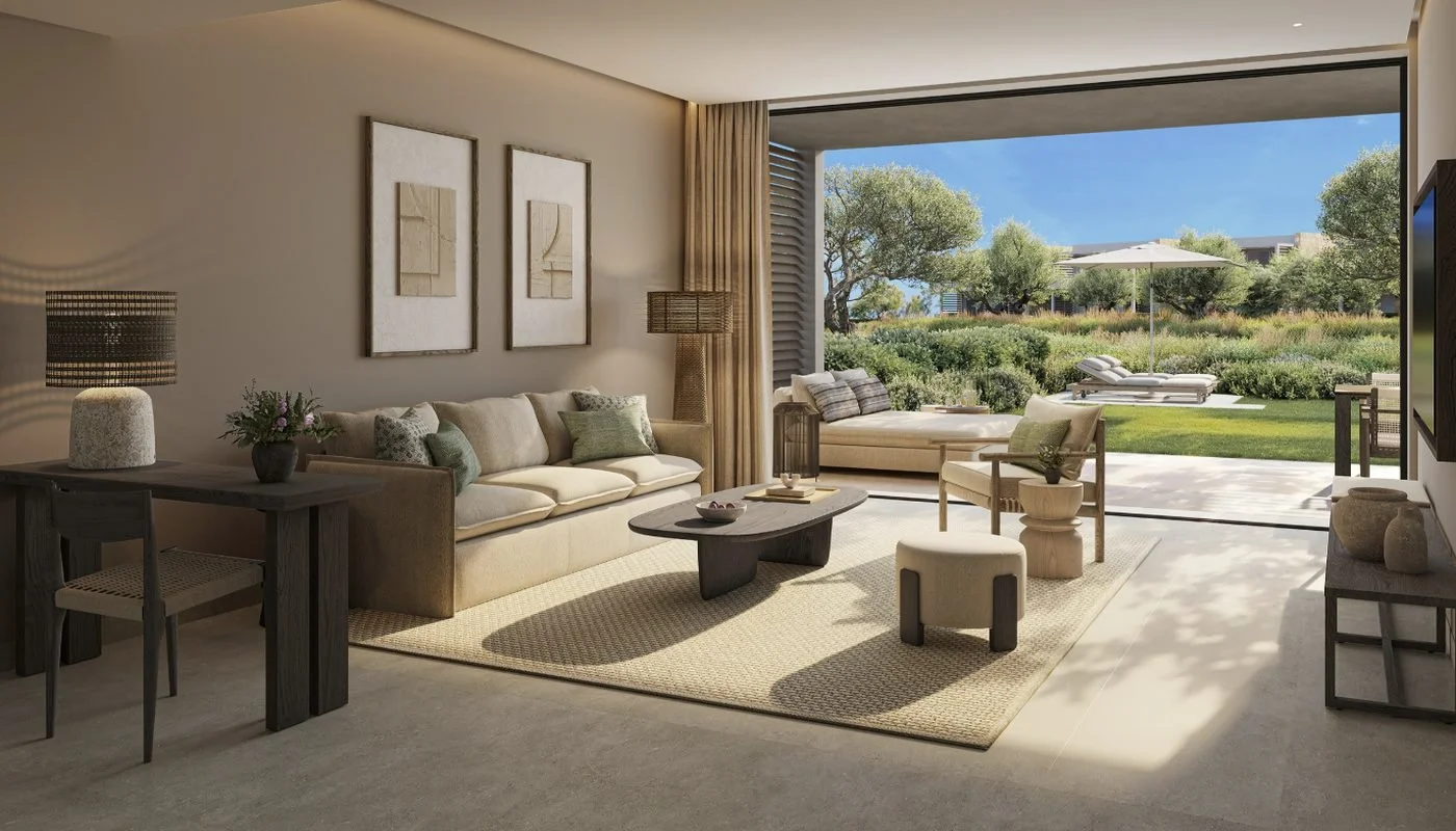 Artist's impression of a Deluxe One Bedroom Suite Private Garden lounge opening onto its garden