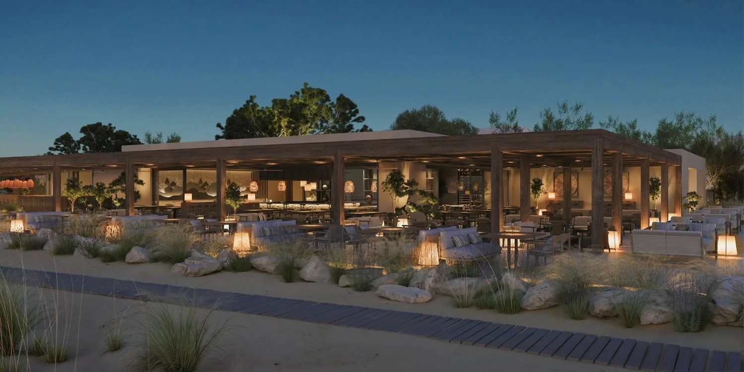 Anaya restaurant at Ikos Kissamos lit up at dusk among gardens