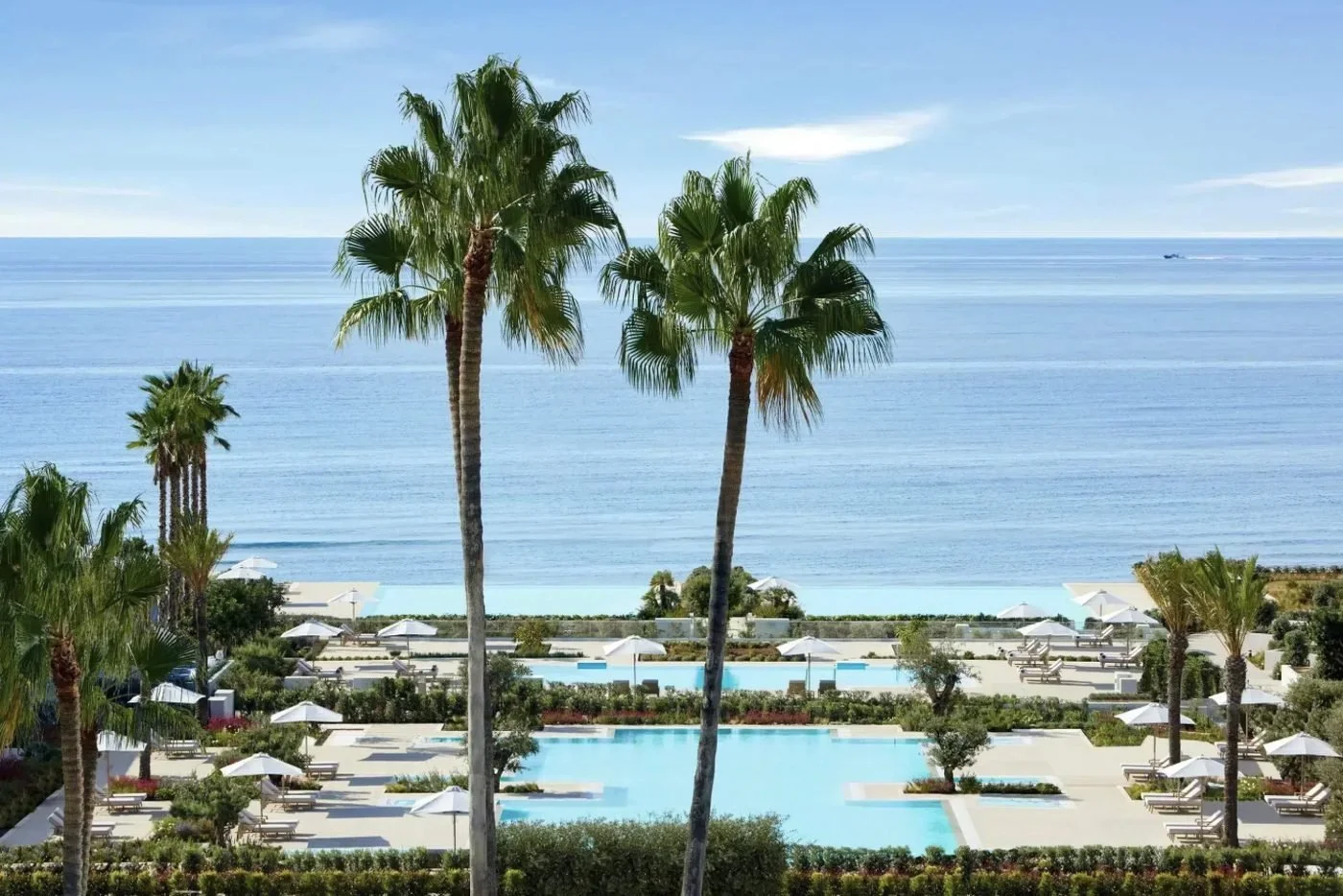 Palm trees above the pools and the Mediterranean
