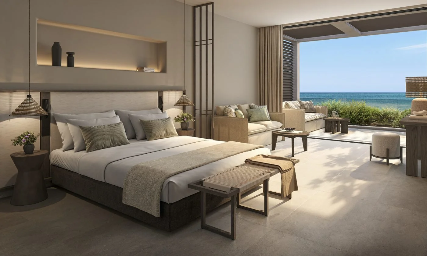 Artist's impression of a Junior Suite with a bed facing a balcony and the sea