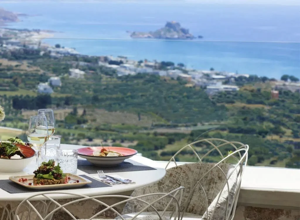 Lunch on a terrace above the Kos countryside with the sea and Kastri island beyond