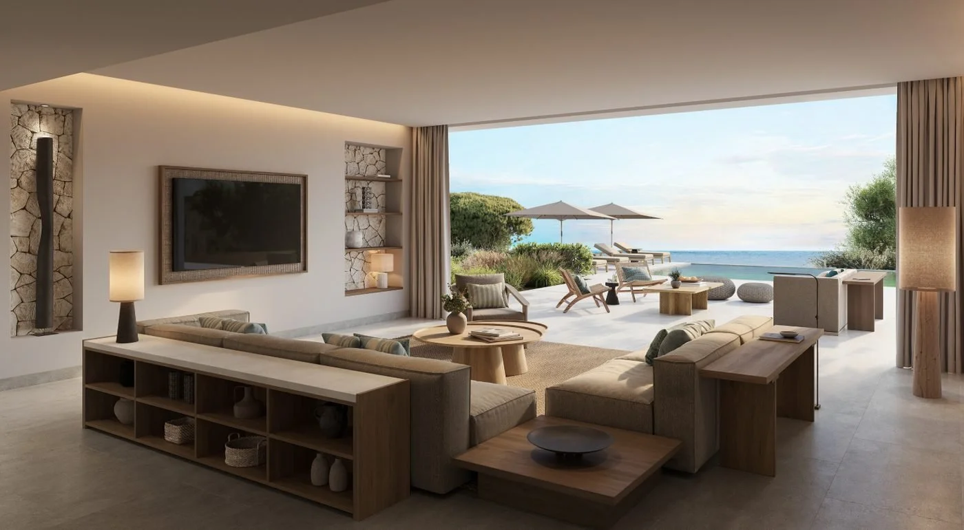 Artist's impression of the living room of a Deluxe Four Bedroom Villa, opening onto a terrace, pool and the sea