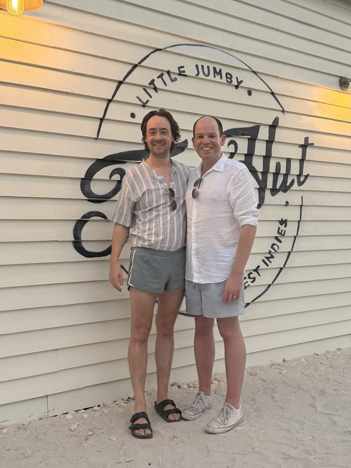 Ben and Hugh outside The Hut at Little Jumby