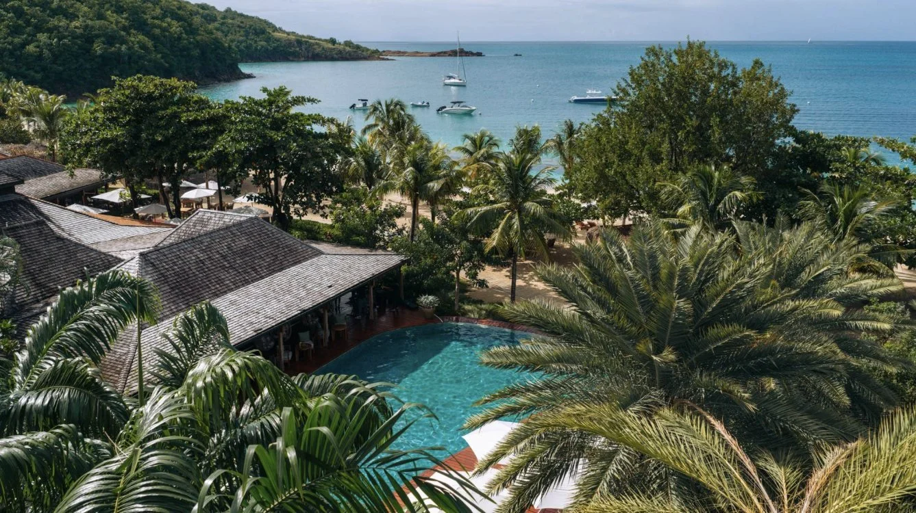 The main pool surrounded by palms