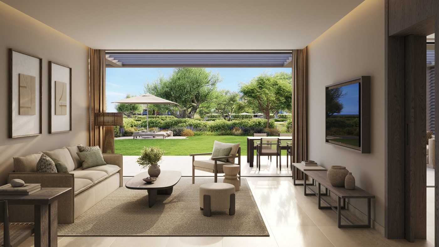 Artist's impression of a Deluxe Two Bedroom Suite Private Garden lounge opening onto a lawn