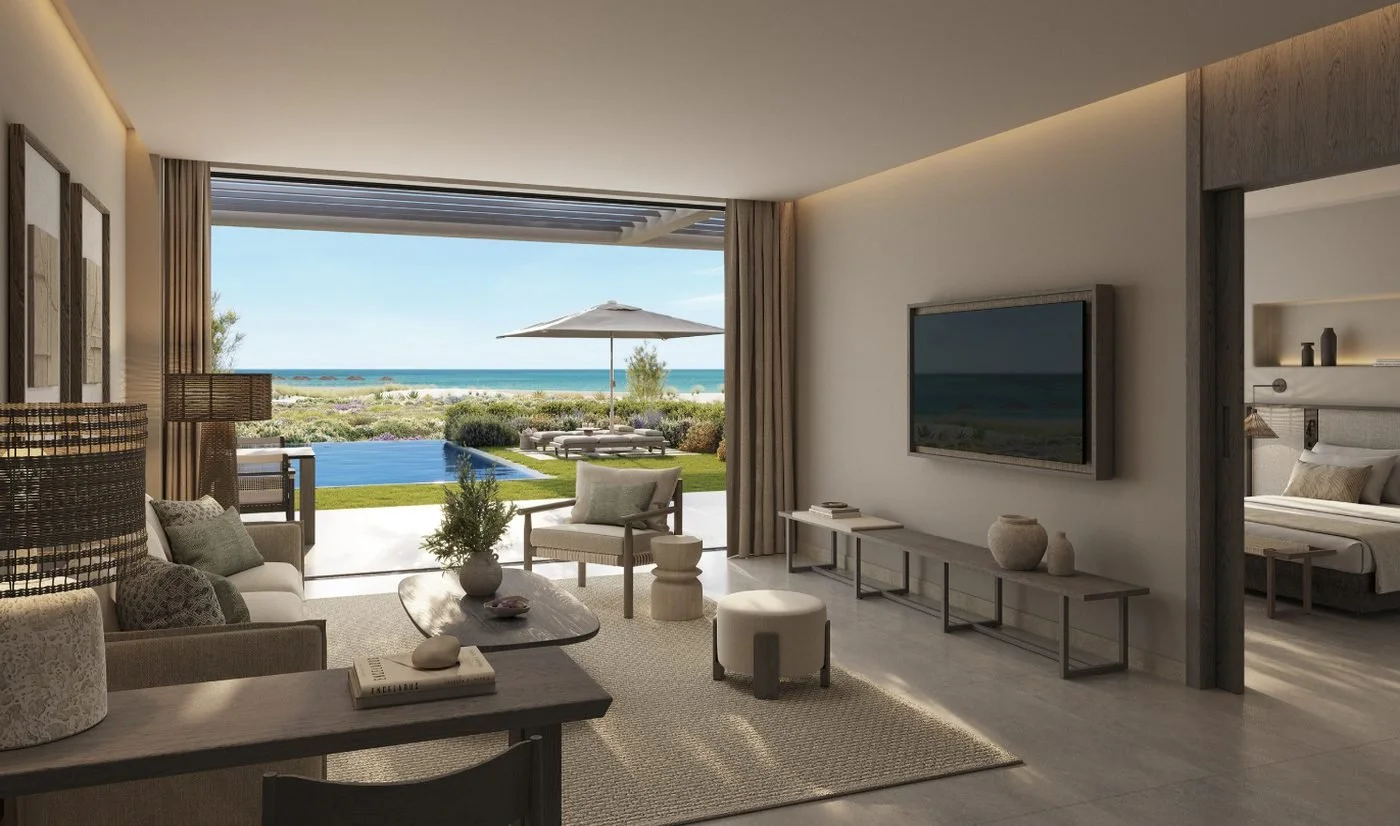 Artist's impression of a Deluxe Three Bedroom Suite living room opening onto a terrace, private pool and the sea