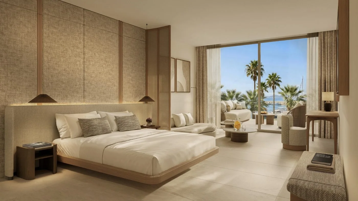 Artist's impression of a new Junior Suite Grand Balcony, with a balcony looking over palm trees to Sani Marina