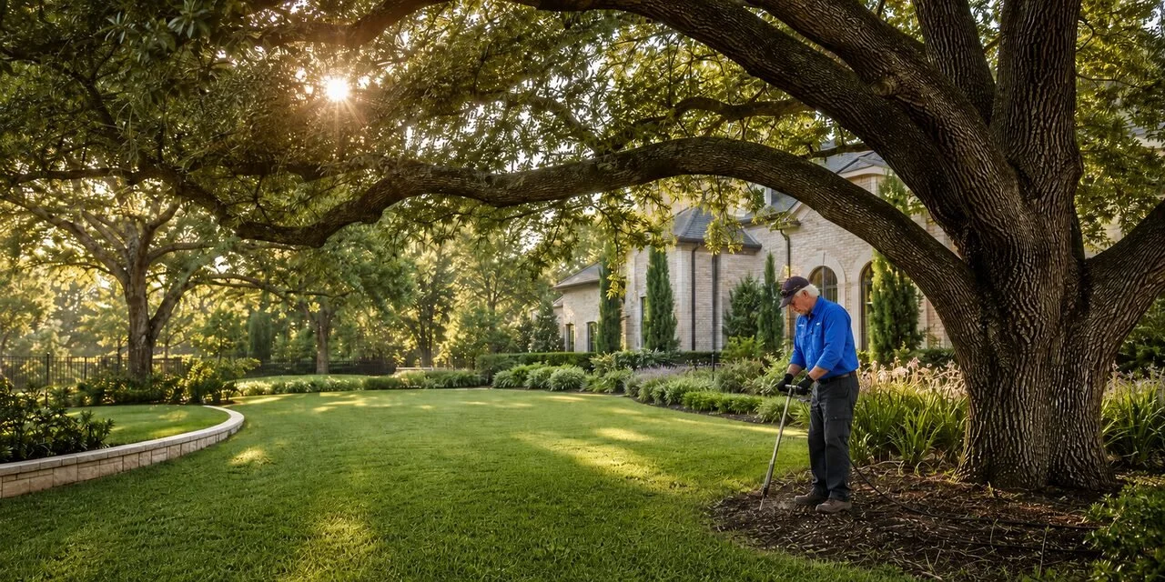Hogue plant-health technician performing root-zone treatment beneath a mature tree