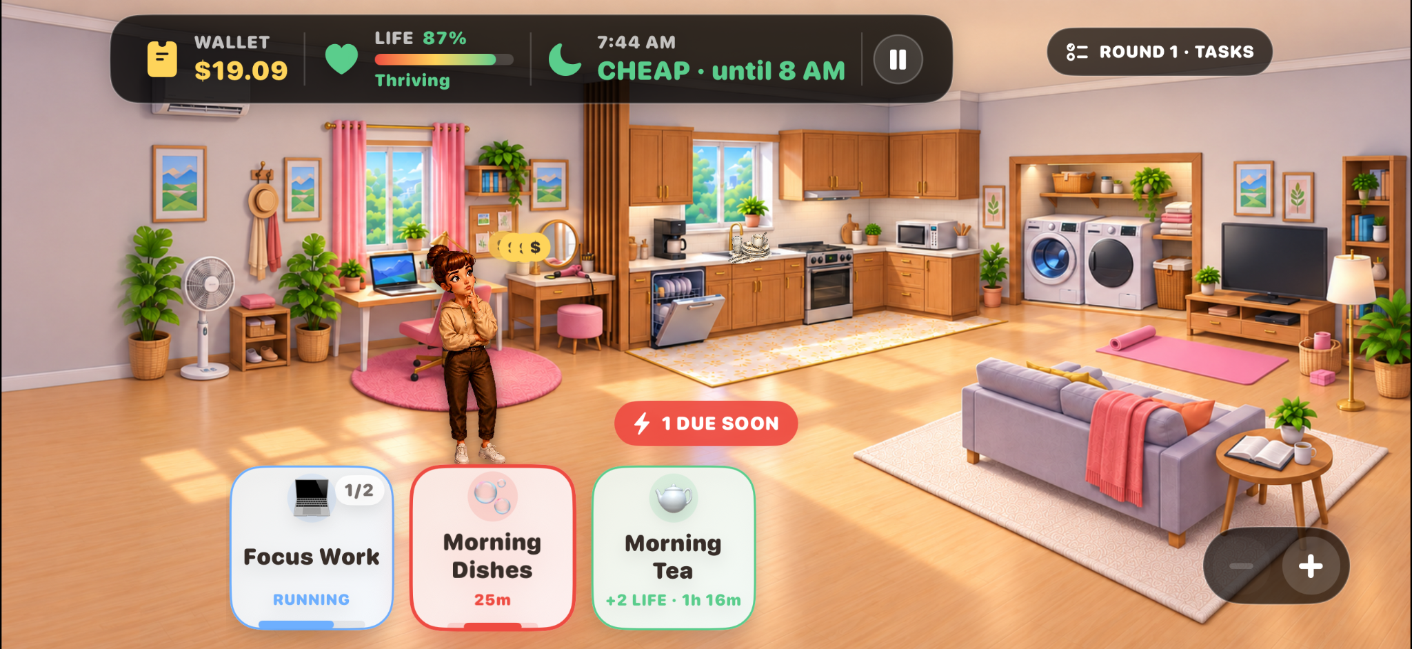 Ingrid’s apartment gameplay with wallet, life bar, electricity timing and daily tasks