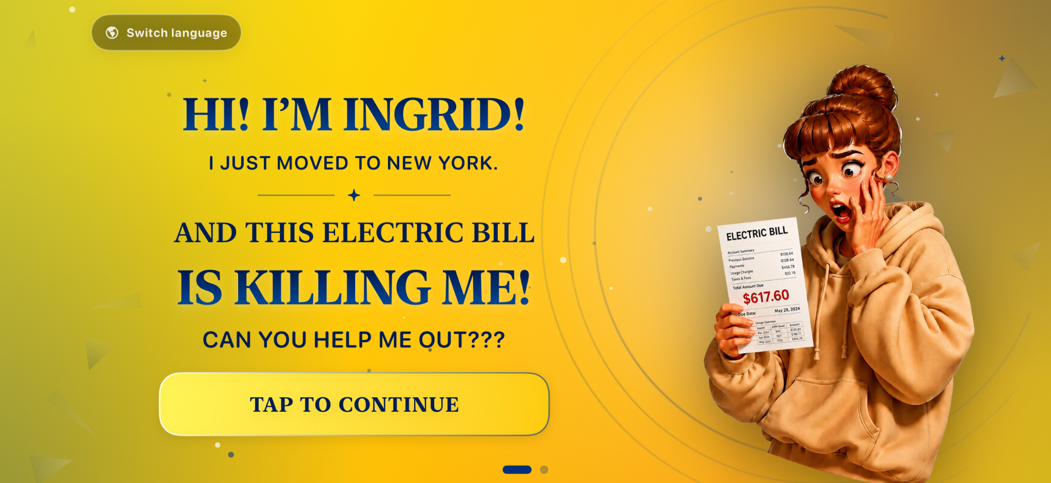 Shocked Ingrid holding her electric bill