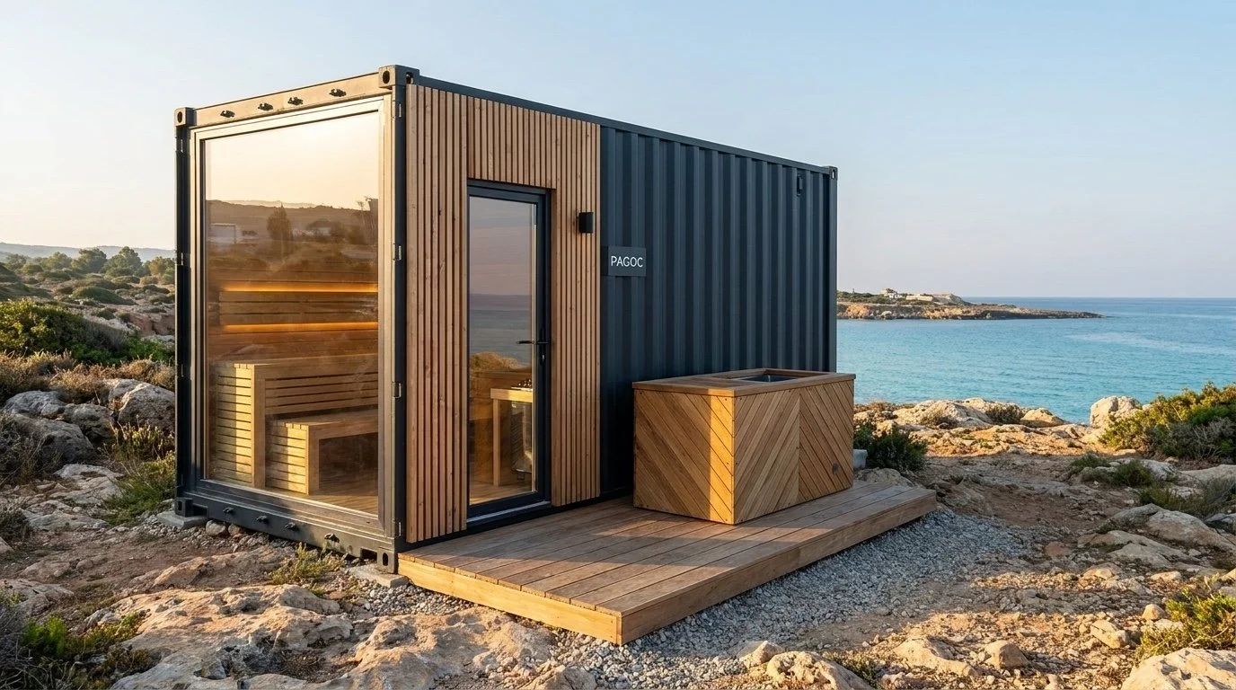 The Recovery Station on the Cyprus coastline with the Core ice bath on the deck