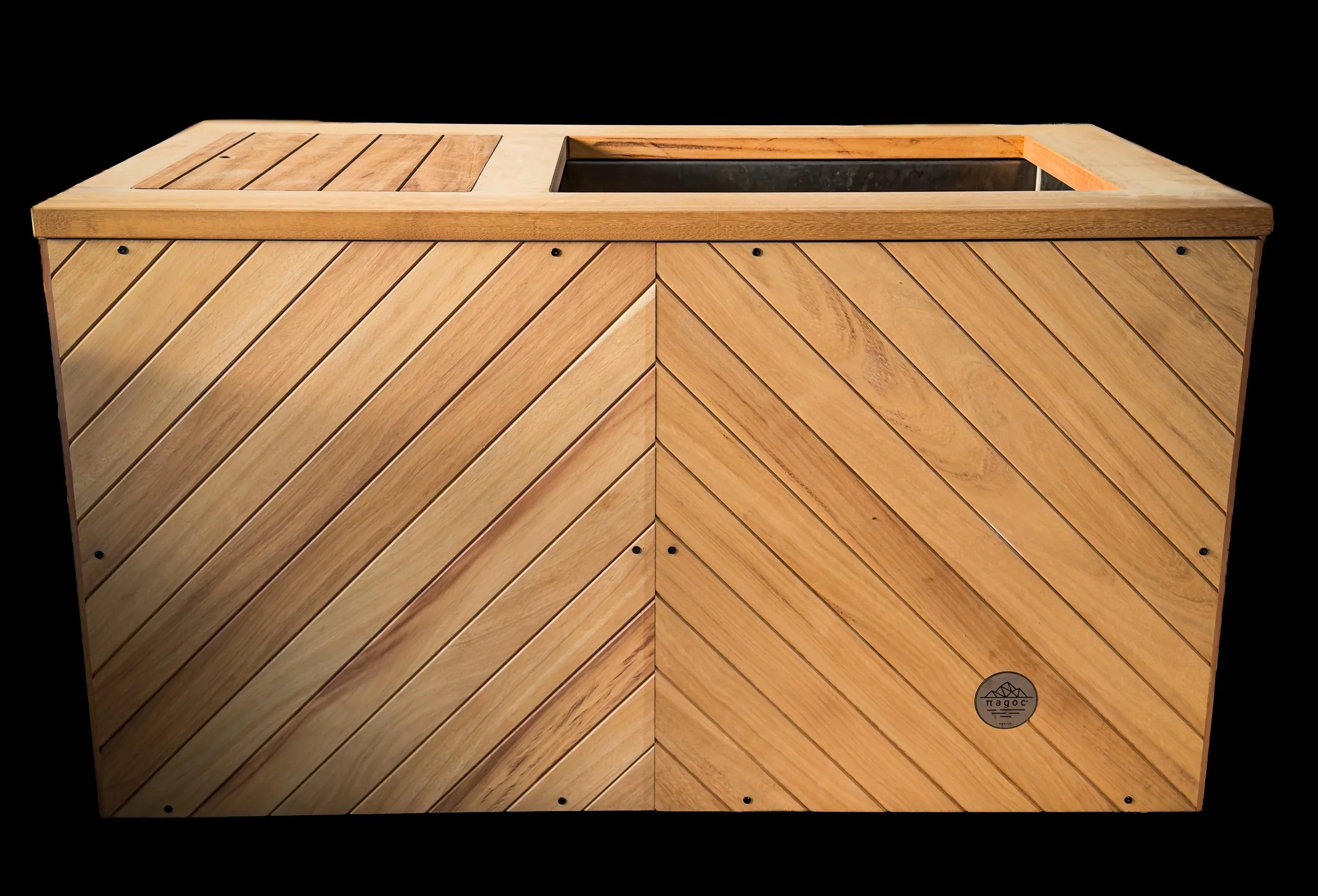 The Pagoc Core ice bath, iroko-clad, photographed in the workshop