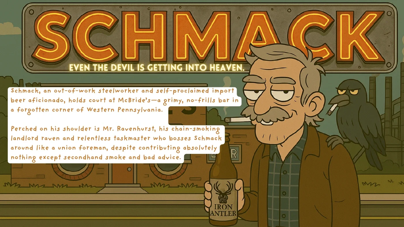 Schmack concept deck page 2: Even the devil is getting into heaven. Schmack, an out-of-work steelworker and import beer aficionado, holds court at McBride’s in Western Pennsylvania. Mr. Ravenhurst is his chain-smoking landlord raven.