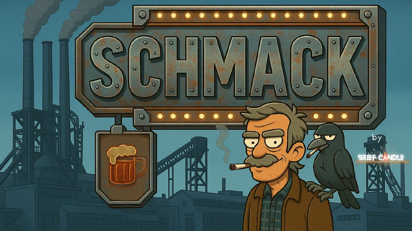 Schmack concept deck page 1: Schmack and Mr. Ravenhurst in a steel town